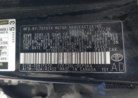 2006 Toyota Corolla S from USA, damaged, VIN 2T1BR32E36C635852